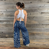 INDIGO GARDEN PANTS -Cotton Indigo Dye Print Patchwork Wide Leg Pants w/ Back Elastic & Pockets