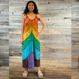 HAPPY DAY MAXI DRESS Stonewash Sinker Cotton  Rainbow Panel Patchwork Maxi Dress w/ & Pico Hem