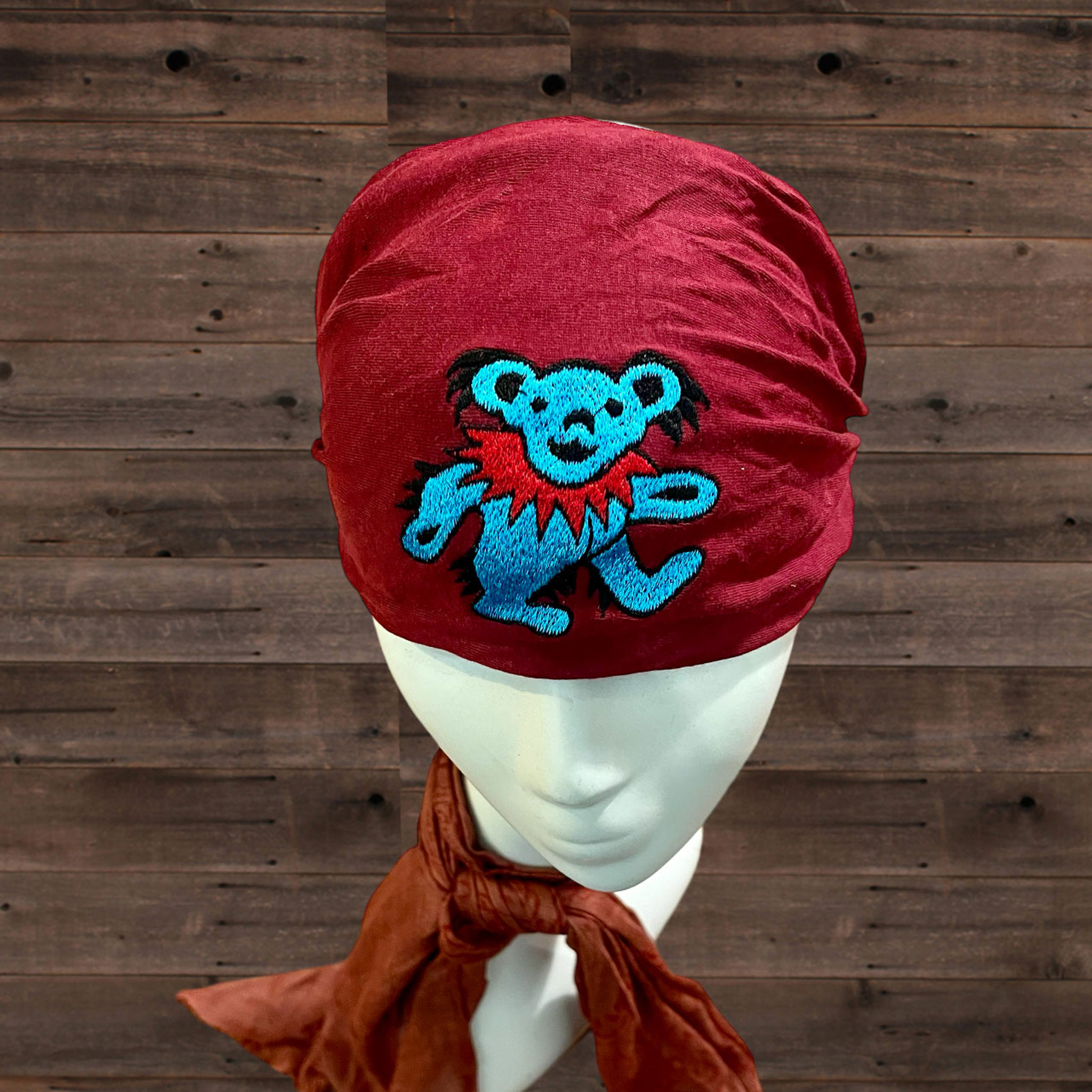 Grateful Dead Embroidered Bear Cotton Stonewashed Headband With Hand Embroidery - Sold Singly