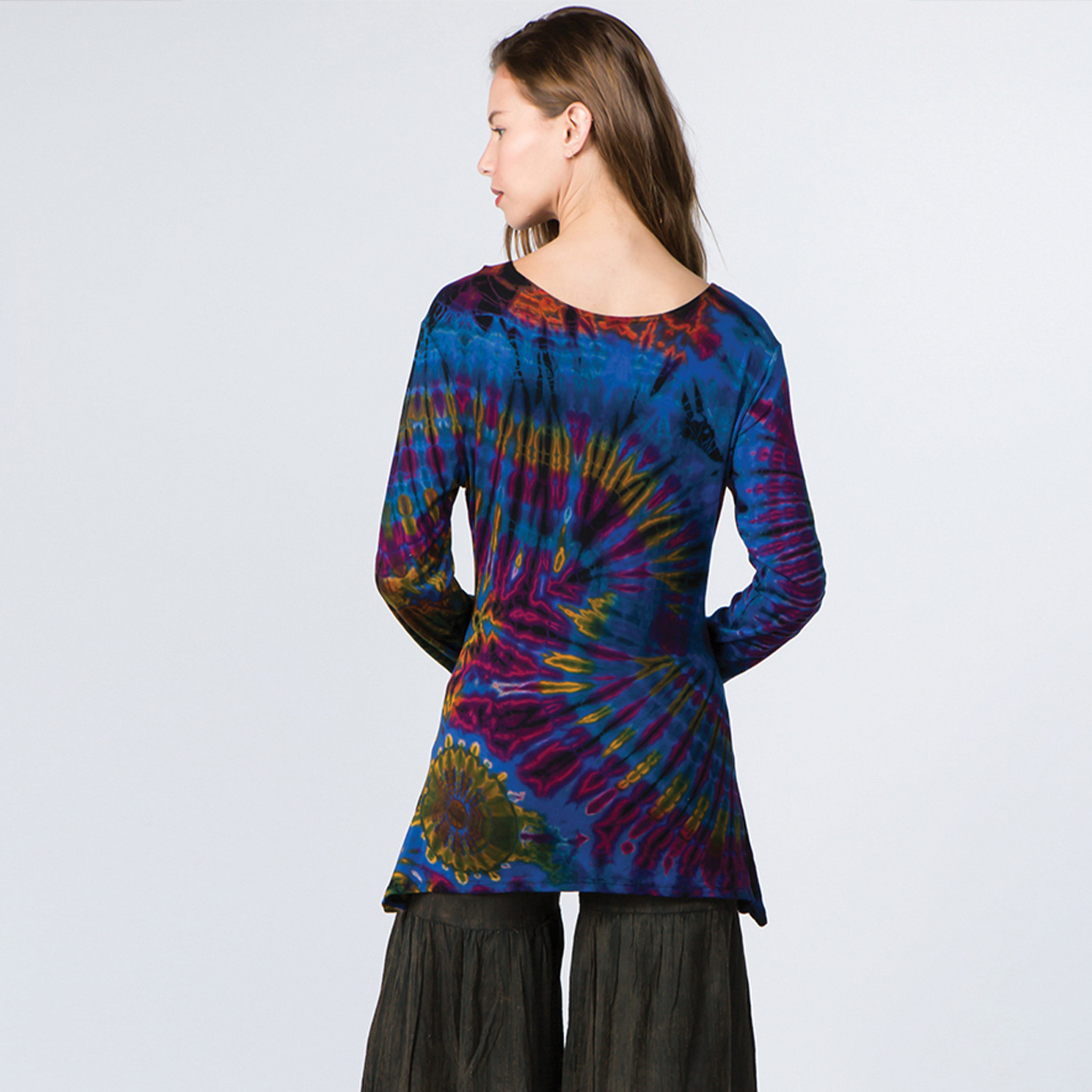 MYSTIC TOP Rayon Spandex Tie Dye Front Wrap Long Sleeve Angle Cut Top