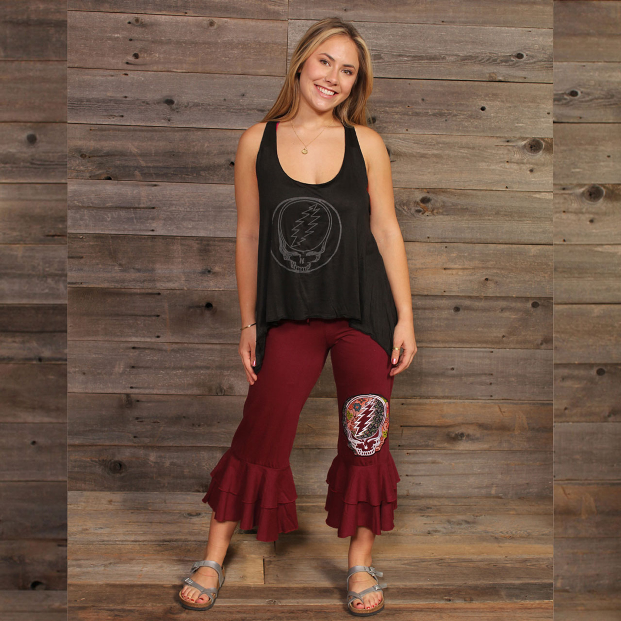 STEAL YOUR FACE CAPRI’S Cotton Ruffle Capri with Grateful Dead Embroidery On One Leg