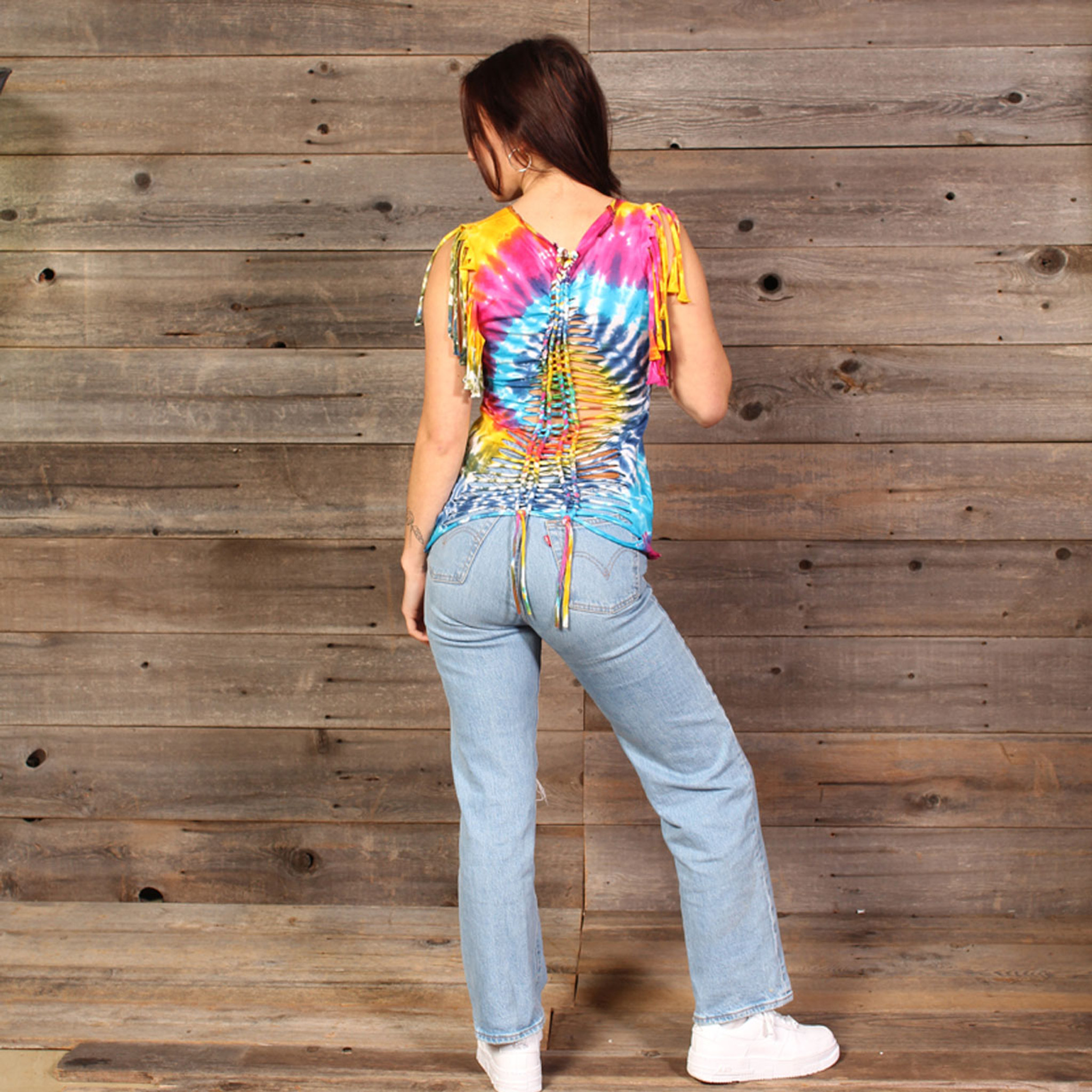 OH MY LITTLE RAINBOW TOP Cotton Lycra Rainbow Spiral Tie Dye T-Shirt w/ Shoulder Tassels & Back Criss Cross