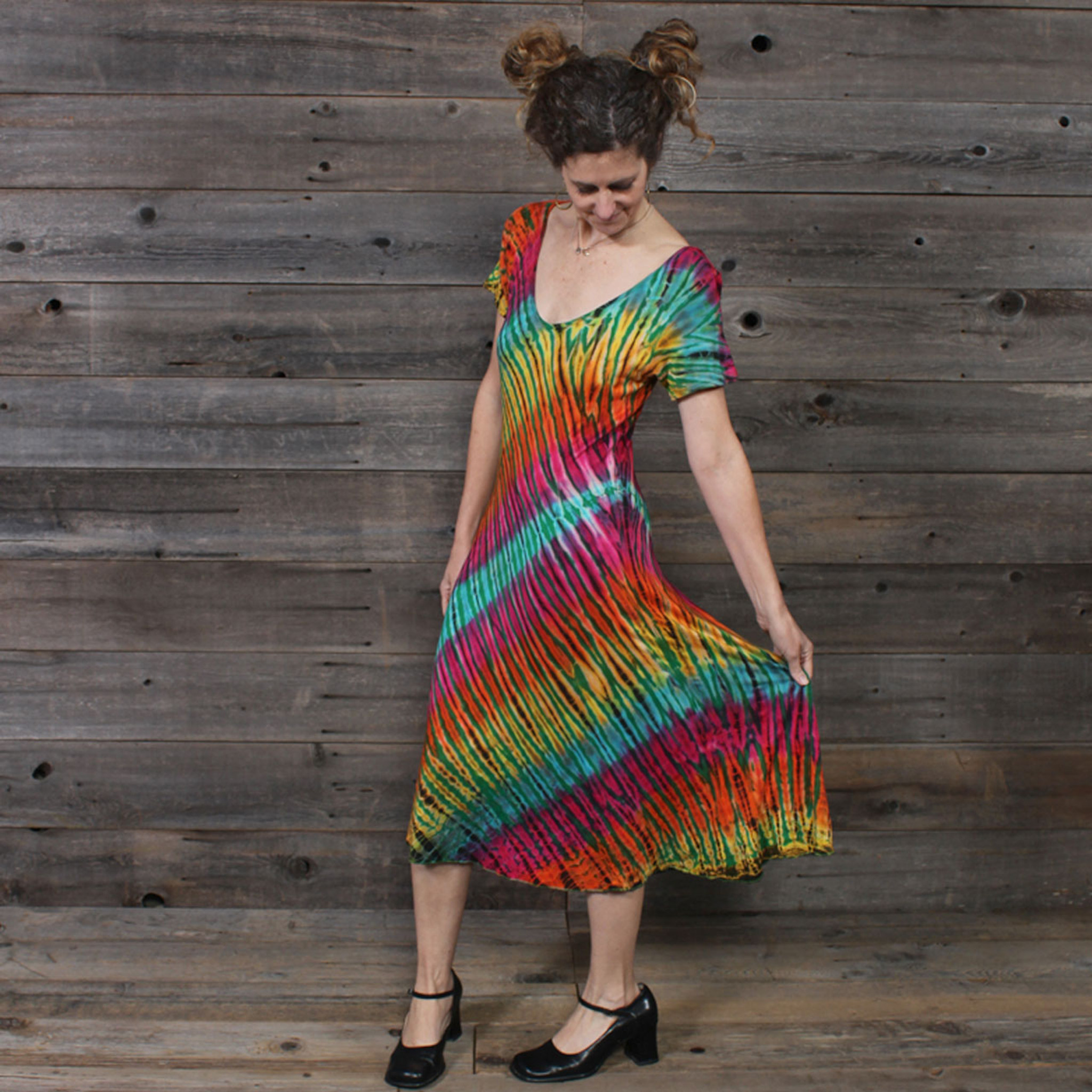 IN THE BRIGHT LIGHT SHORT DRESS Rayon Spandex Short Sleeve Short Dress Green Rainbow Tie Dye