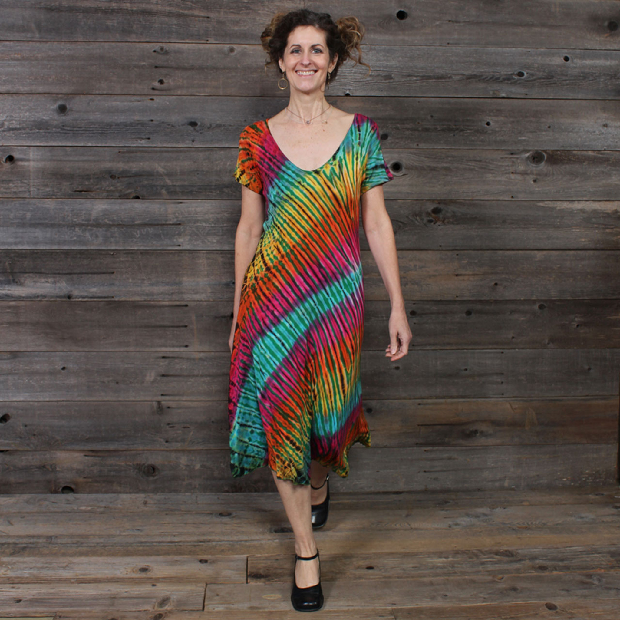 IN THE BRIGHT LIGHT SHORT DRESS Rayon Spandex Short Sleeve Short Dress Green Rainbow Tie Dye