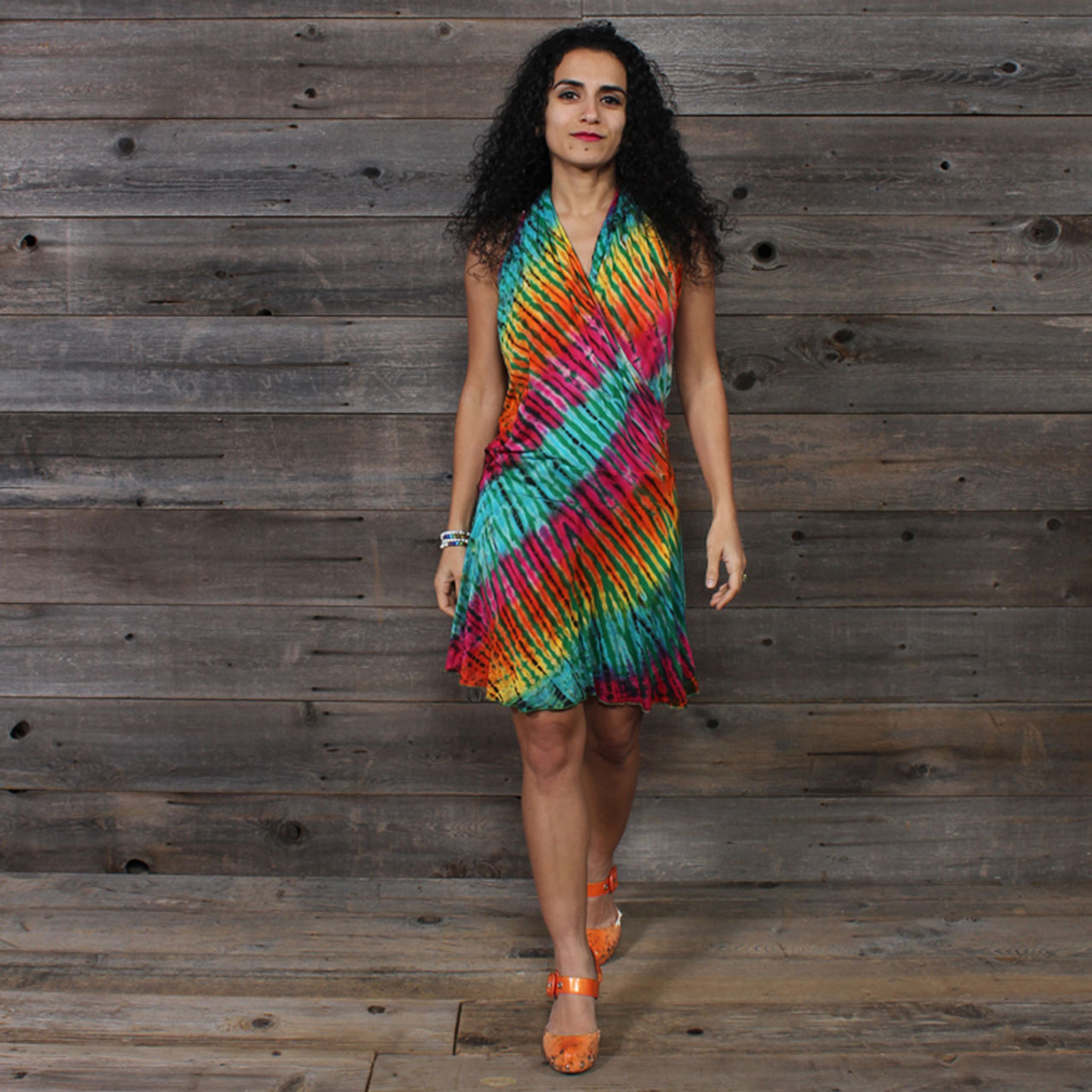 IN THE BRIGHT LIGHT MINI DRESS Rayon Spandex Halter Mini Dress Green  Rainbow Tie Dye - Jayli Imports Inc.