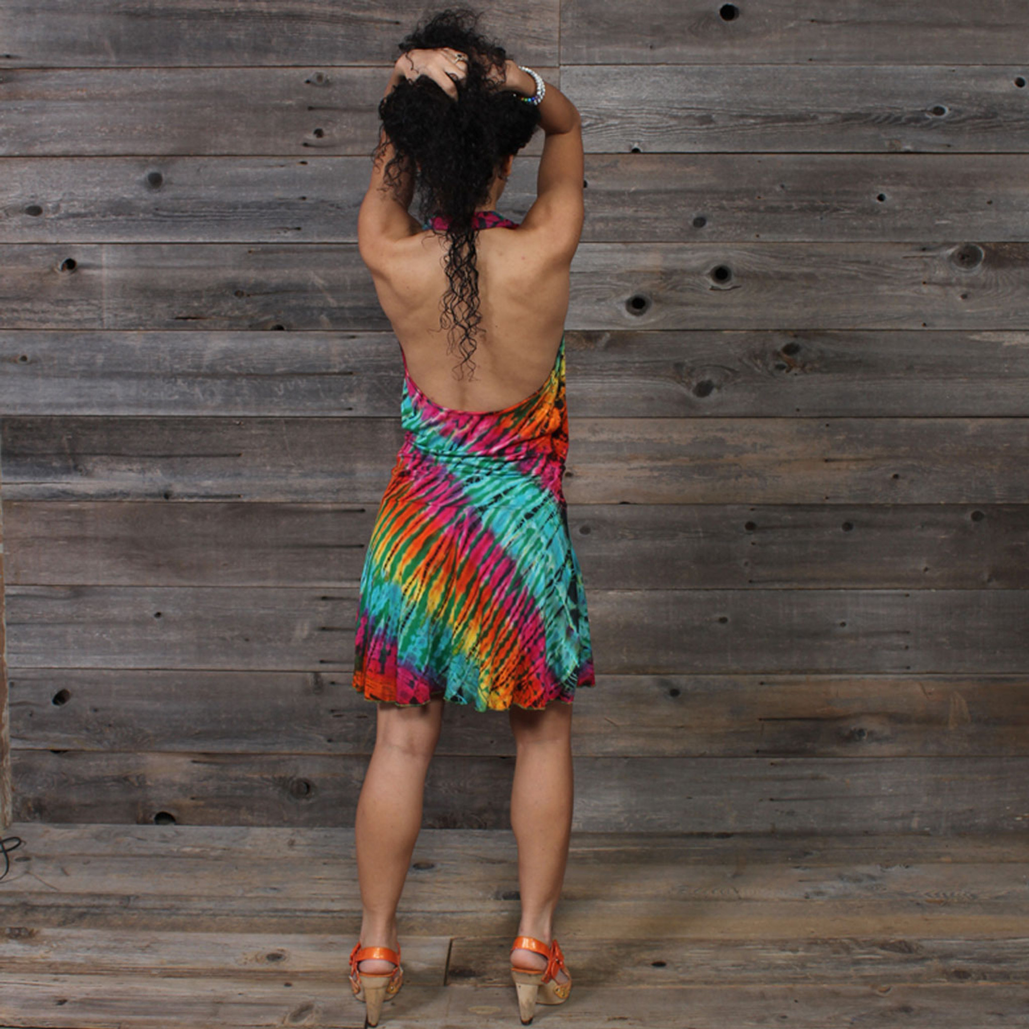 IN THE BRIGHT LIGHT MINI DRESS Rayon Spandex Halter Mini Dress Green Rainbow Tie Dye