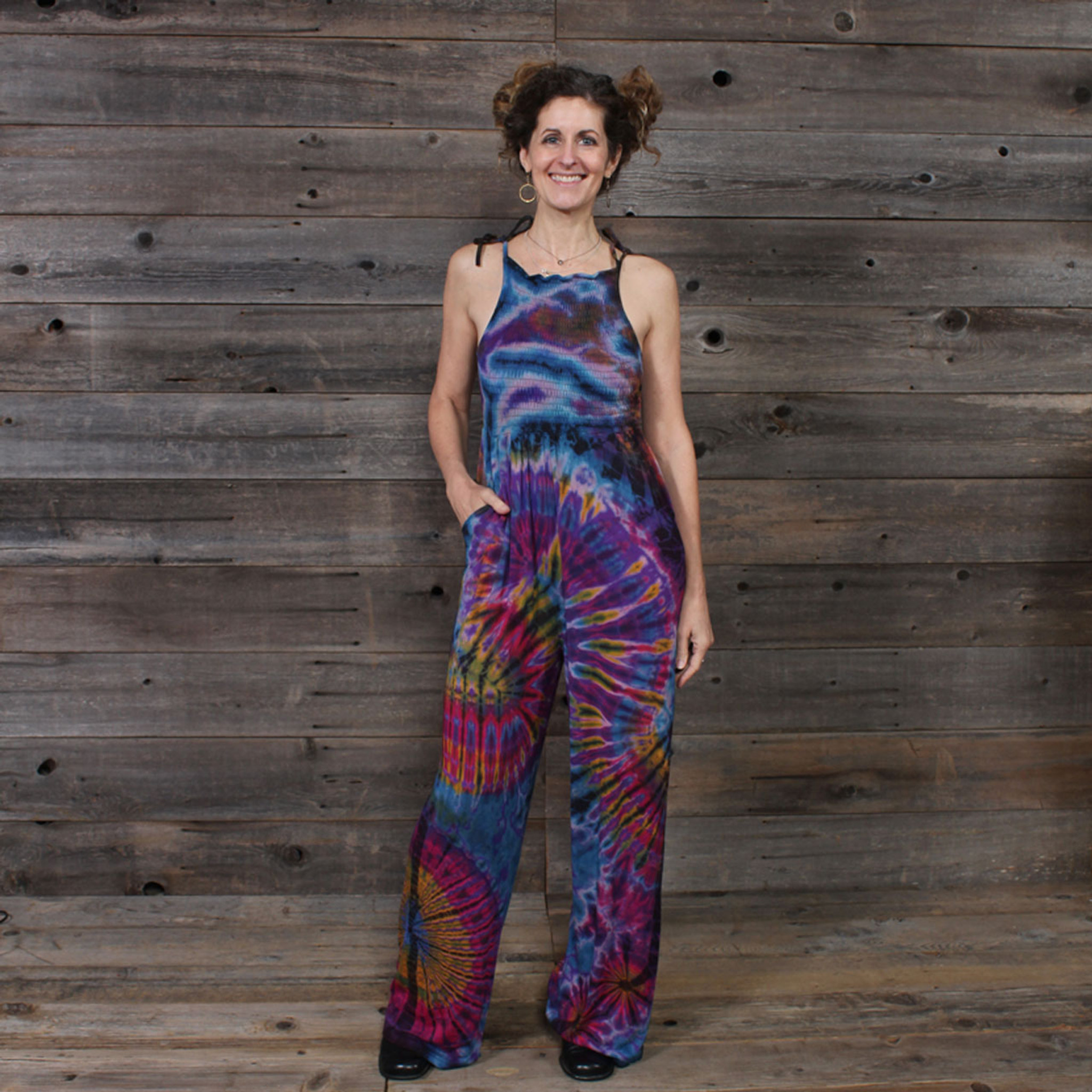 LOVE IS EVERYWHERE JUMPSUIT Spandex Rayon Mudmee Tie Dye Bobbing Top Shoulder Tie Jumpsuit w/ Pockets