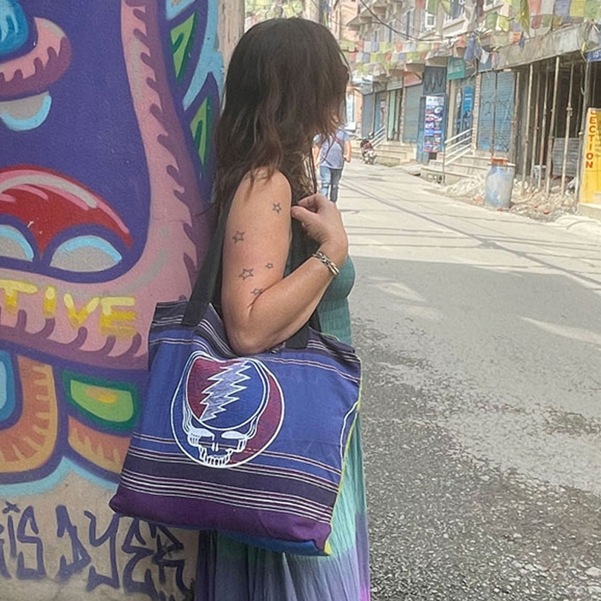 Cotton Khadar Tote Bag With Tonal Grateful Dead Steal Your Face Embroidery