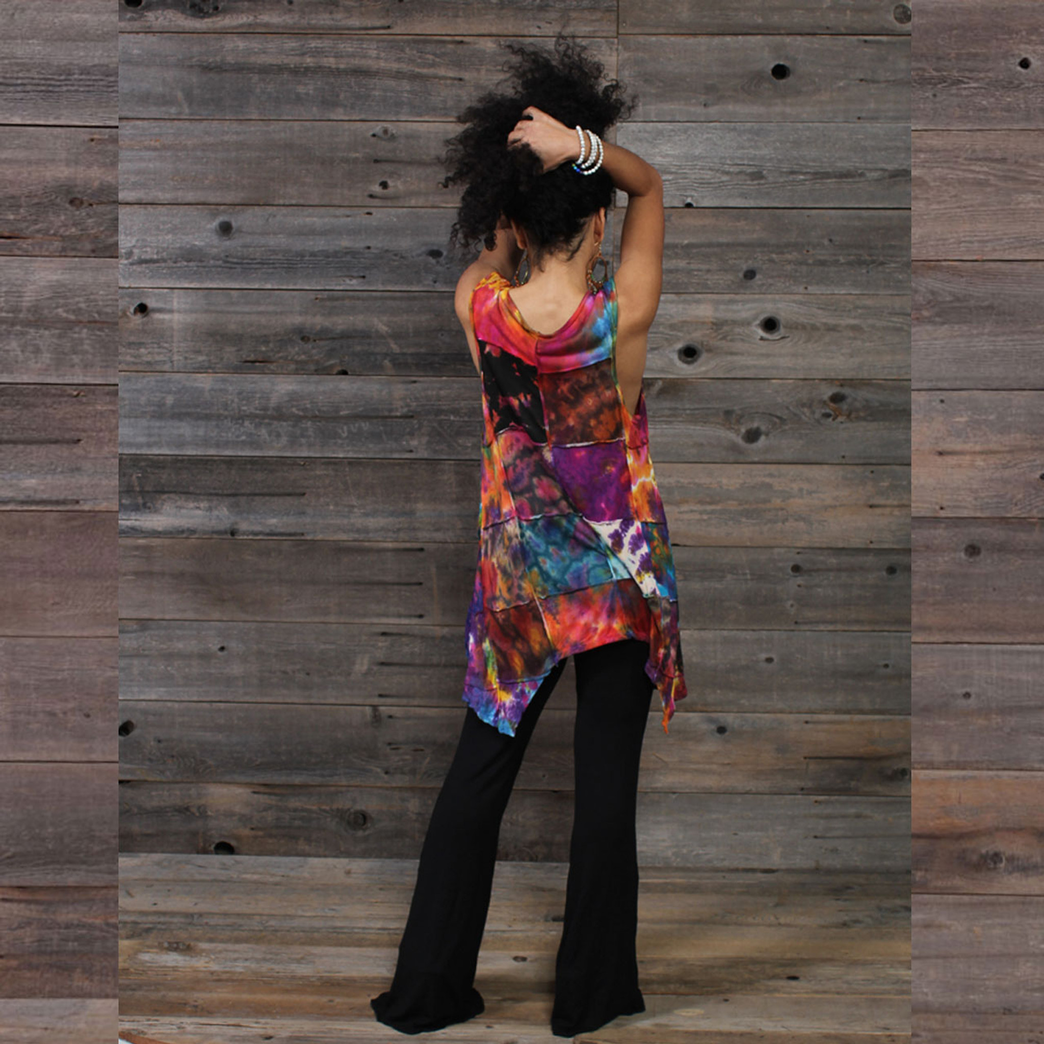 WILD RAINBOW LONG TOP Viscose Lycra Patchwork Bright Tie Dye Angle Cut Long Top With Pockets