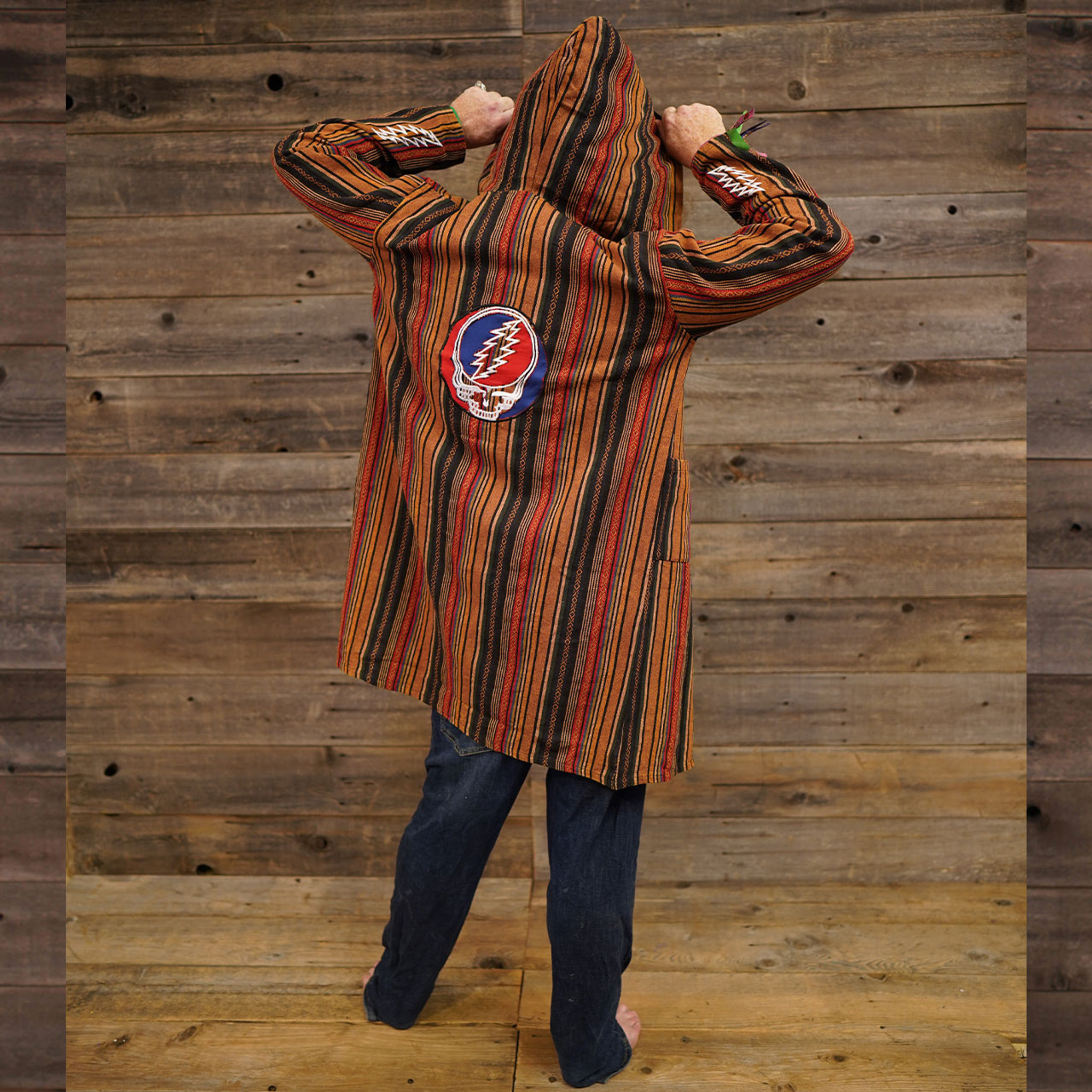 GOIN' DOWN THE LINE JACKET Striped Heavy Cotton Hooded Long Jacket w/ Back Grateful Dead Streal Your Face Applique'