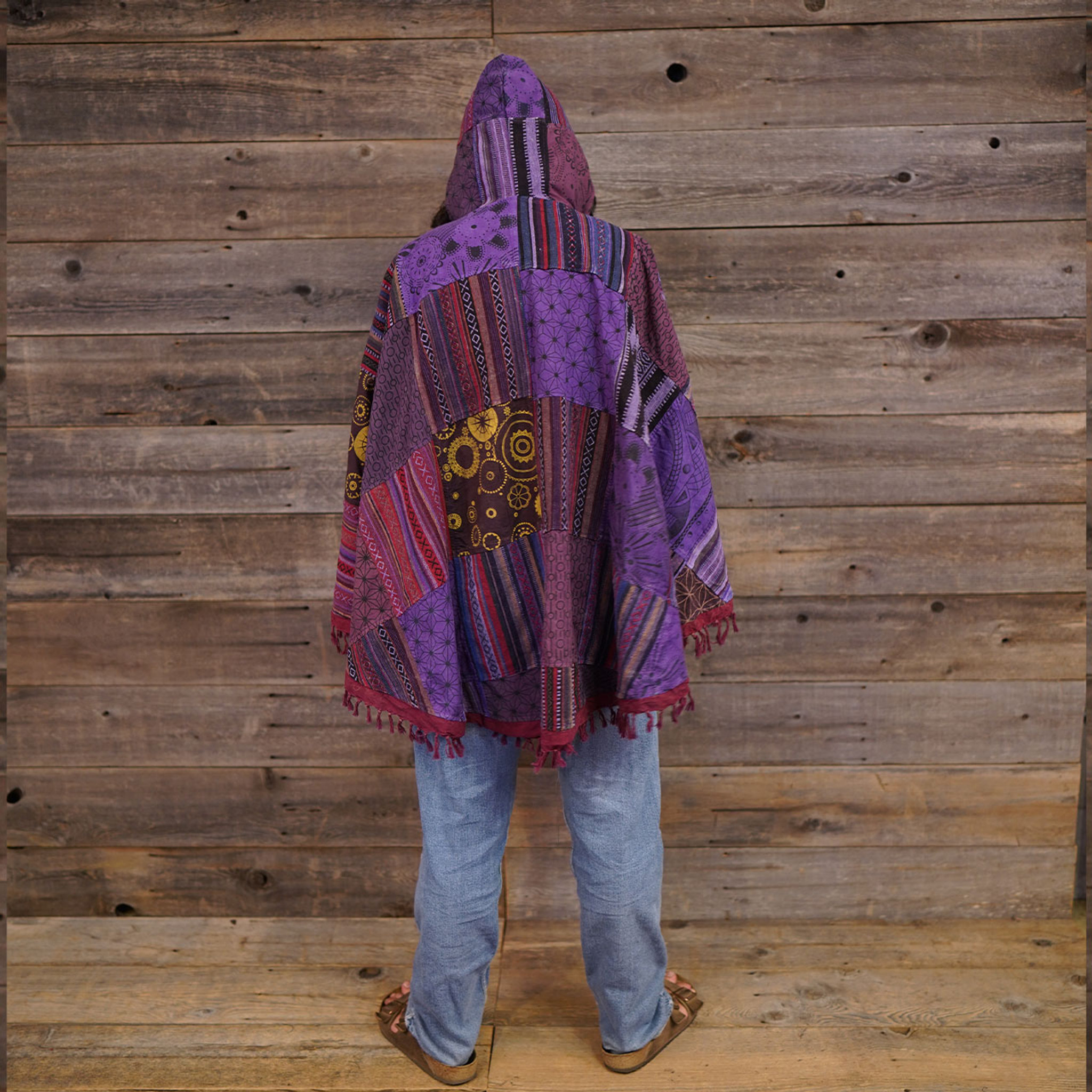 EASY RIDER PONCHO Heavy Cotton Gherri + Print Patchwork Hooded Button Up Poncho w/ Pockets & Fringe