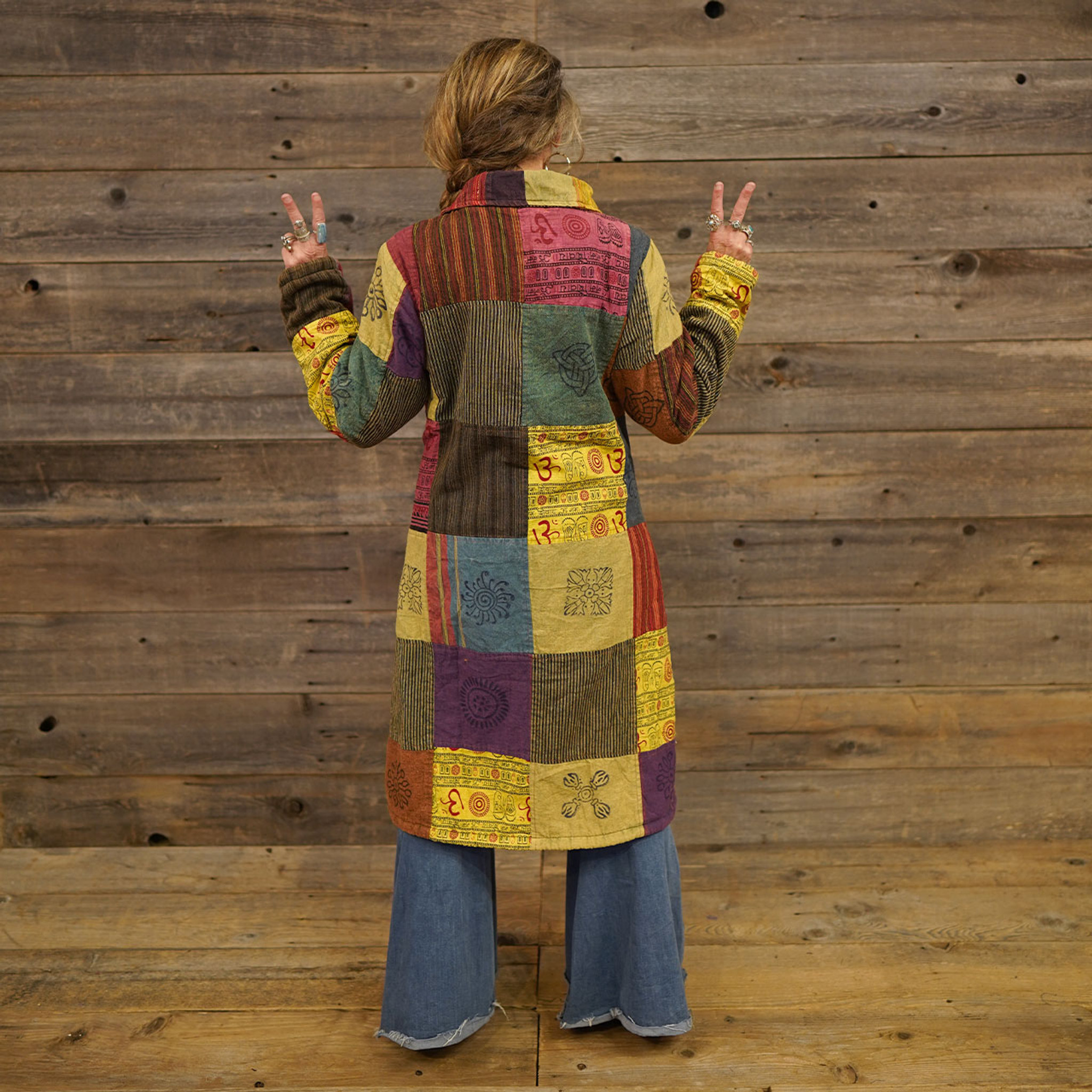 LET IT BE JACKET Overdye Cotton Patchwork Button Up Long Jacket w/ Front Pockets & Fleece Lining