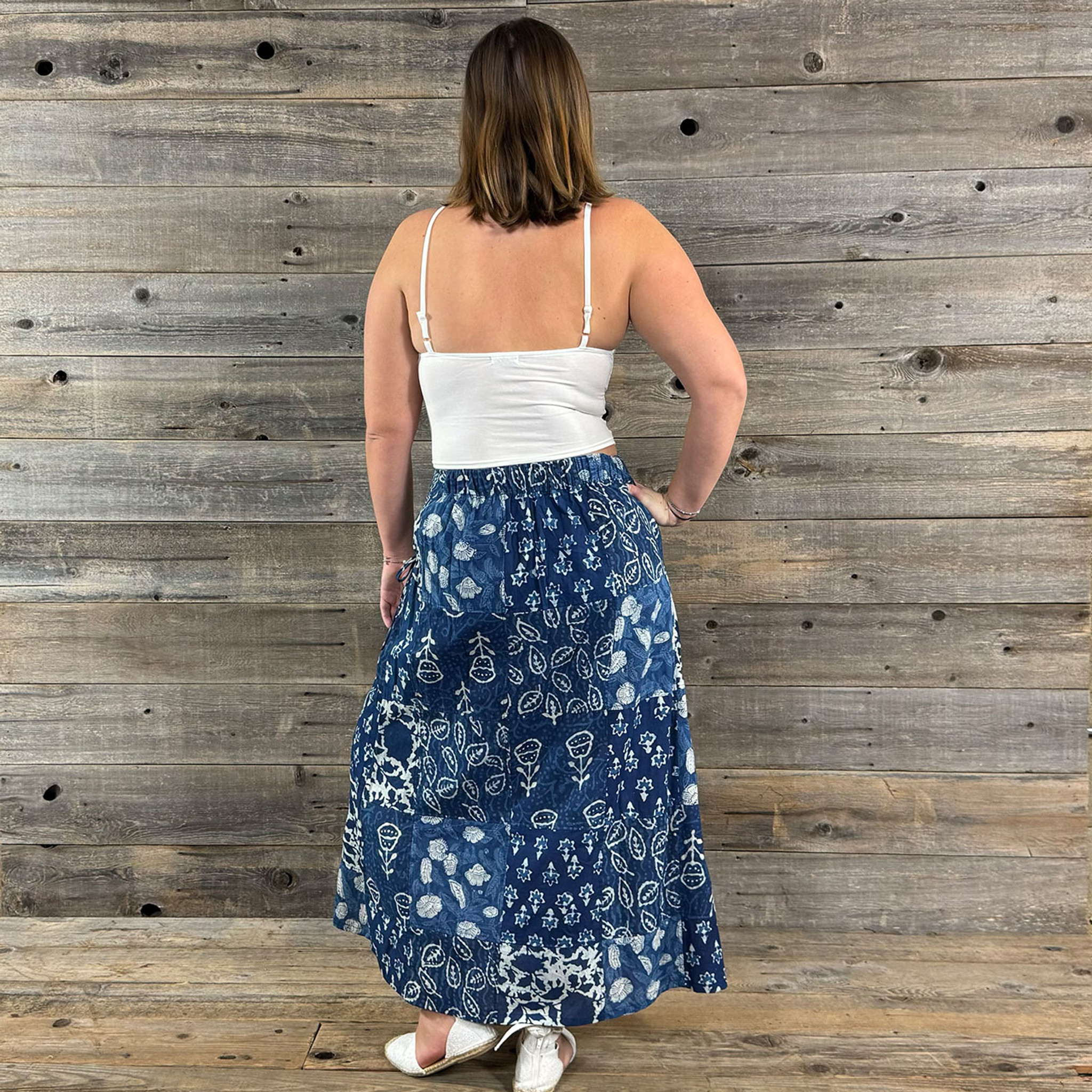 INDIGO GARDEN MAXI SKIRT -Cotton Indigo Dye Print Patchwork Maxi Skirt w/ Front Pockets