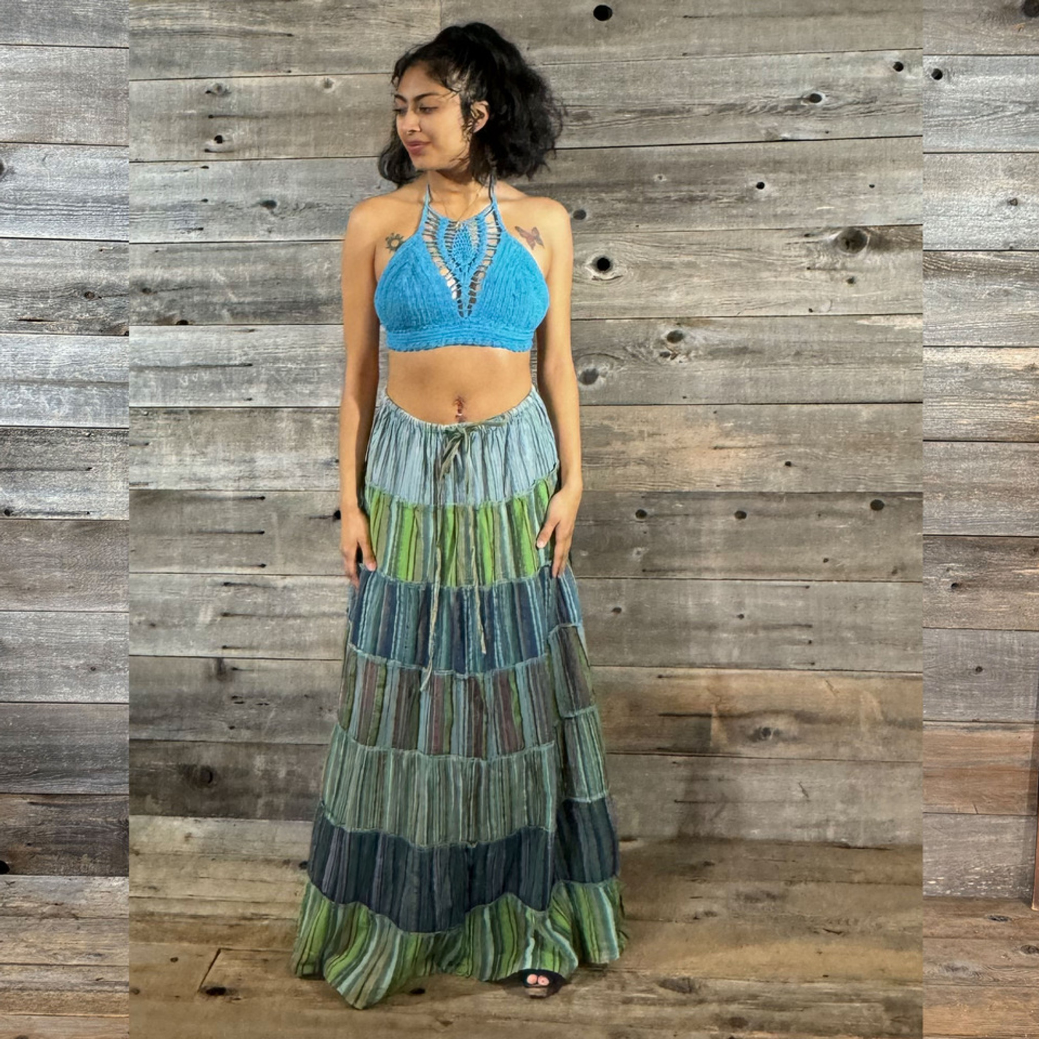 EVERMORE MAXI SKIRT Cotton Striped Paneled Elastic Waist Drawstring Maxi Skirt