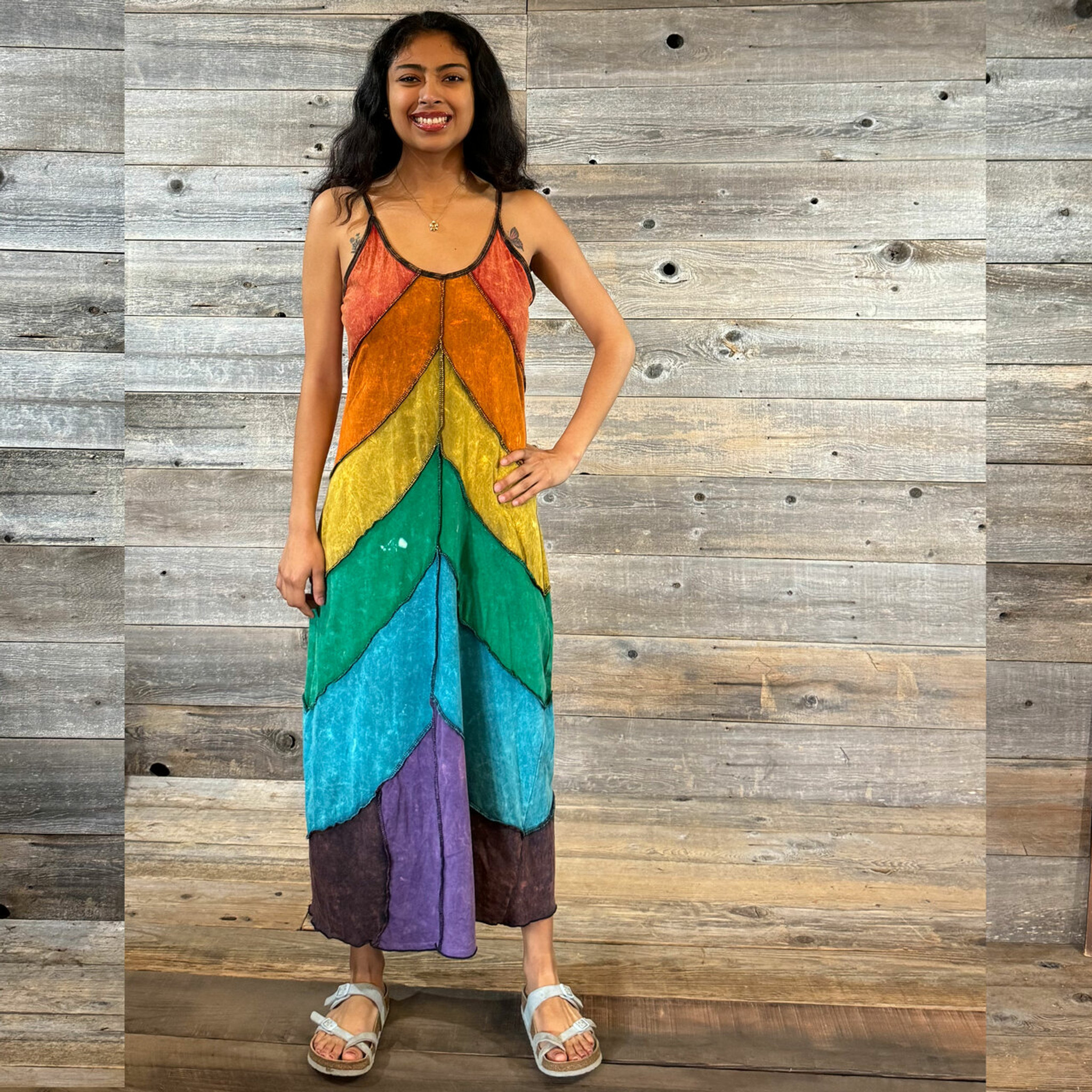 HAPPY DAY MAXI DRESS Stonewash Sinker Cotton  Rainbow Panel Patchwork Maxi Dress w/ & Pico Hem