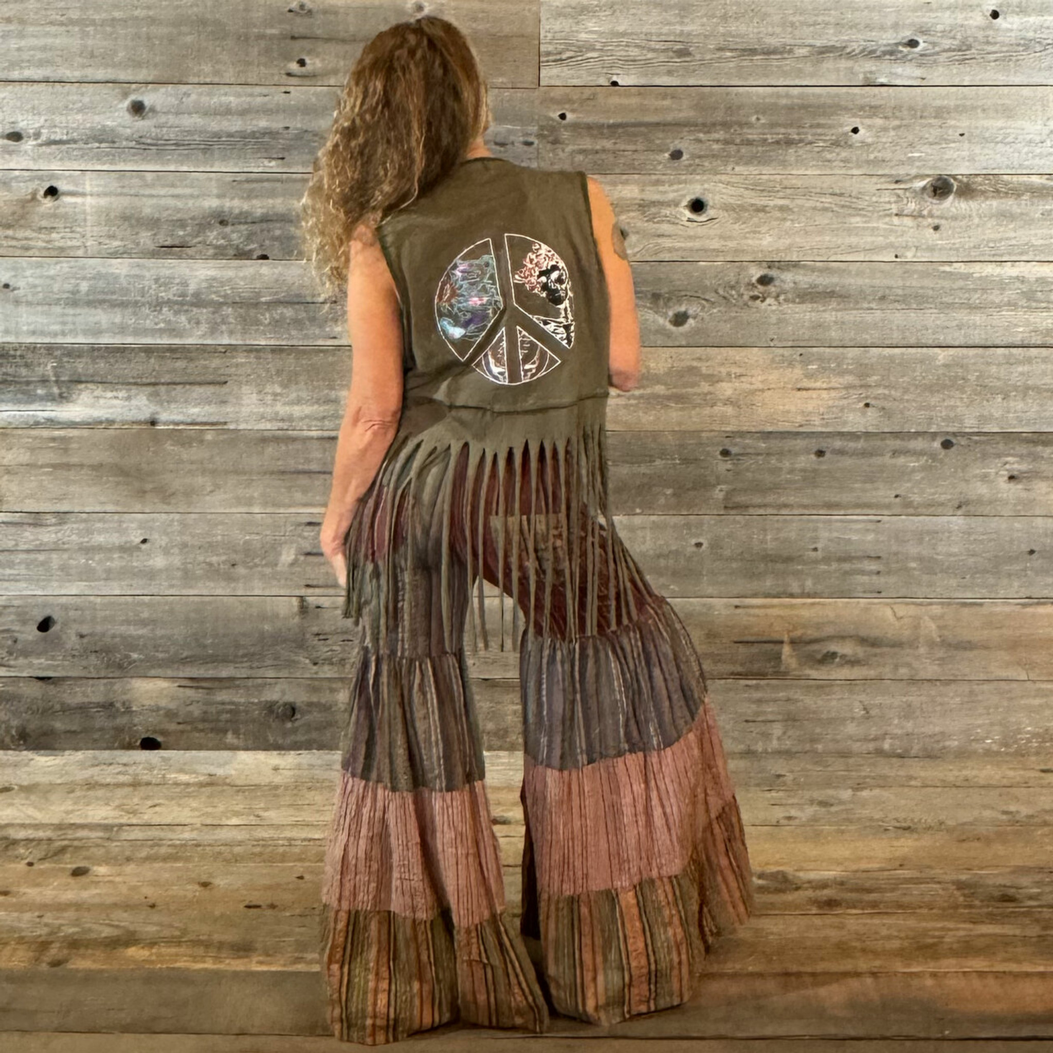 PEGGY-O VEST Cotton Lycra Stonewash Peace Print w/ Grateful Dead Bear - Bertha - Steal your Face Print & Embroidery Fringe Vest