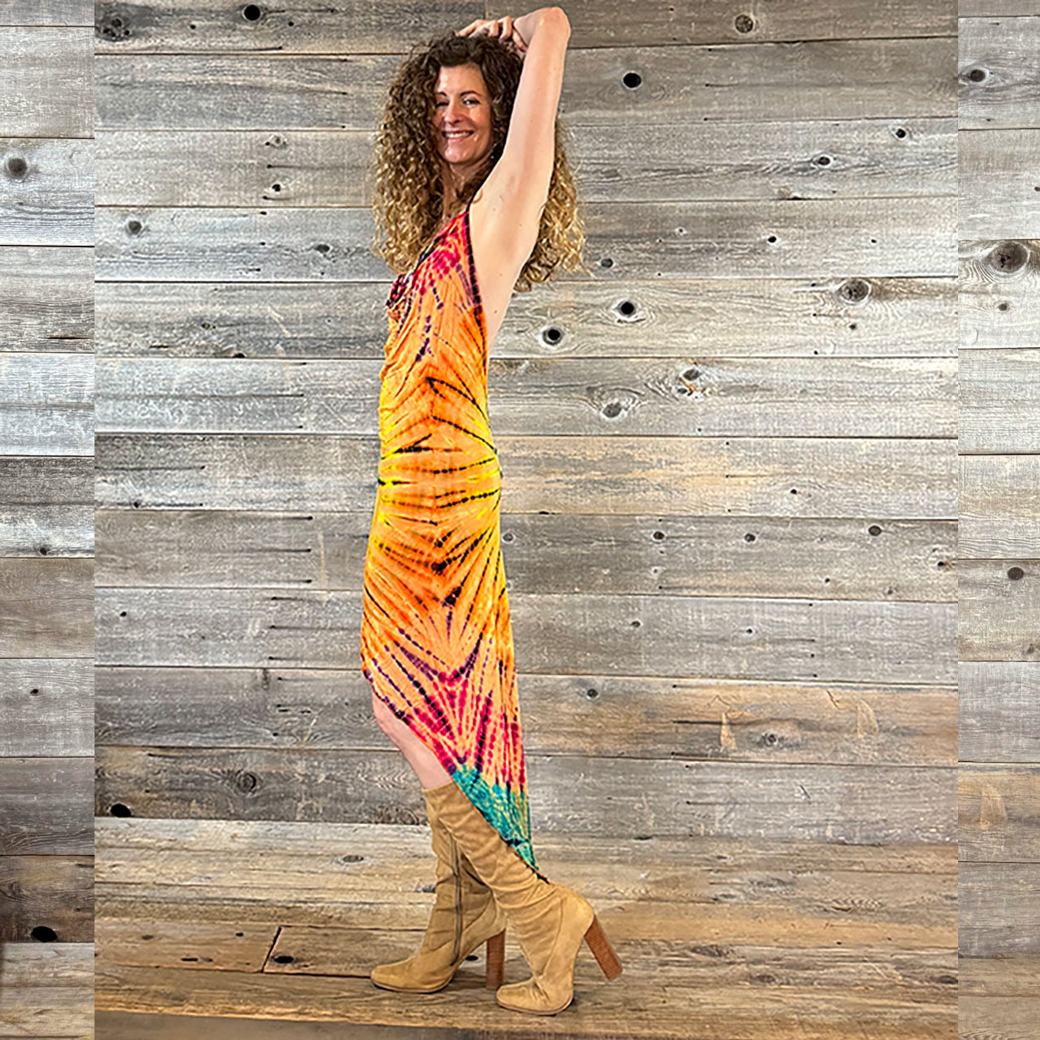 ORANGE SUNSHINE MINI DRESS Rayon Spandex Tie Dye  Halter Mini Dress