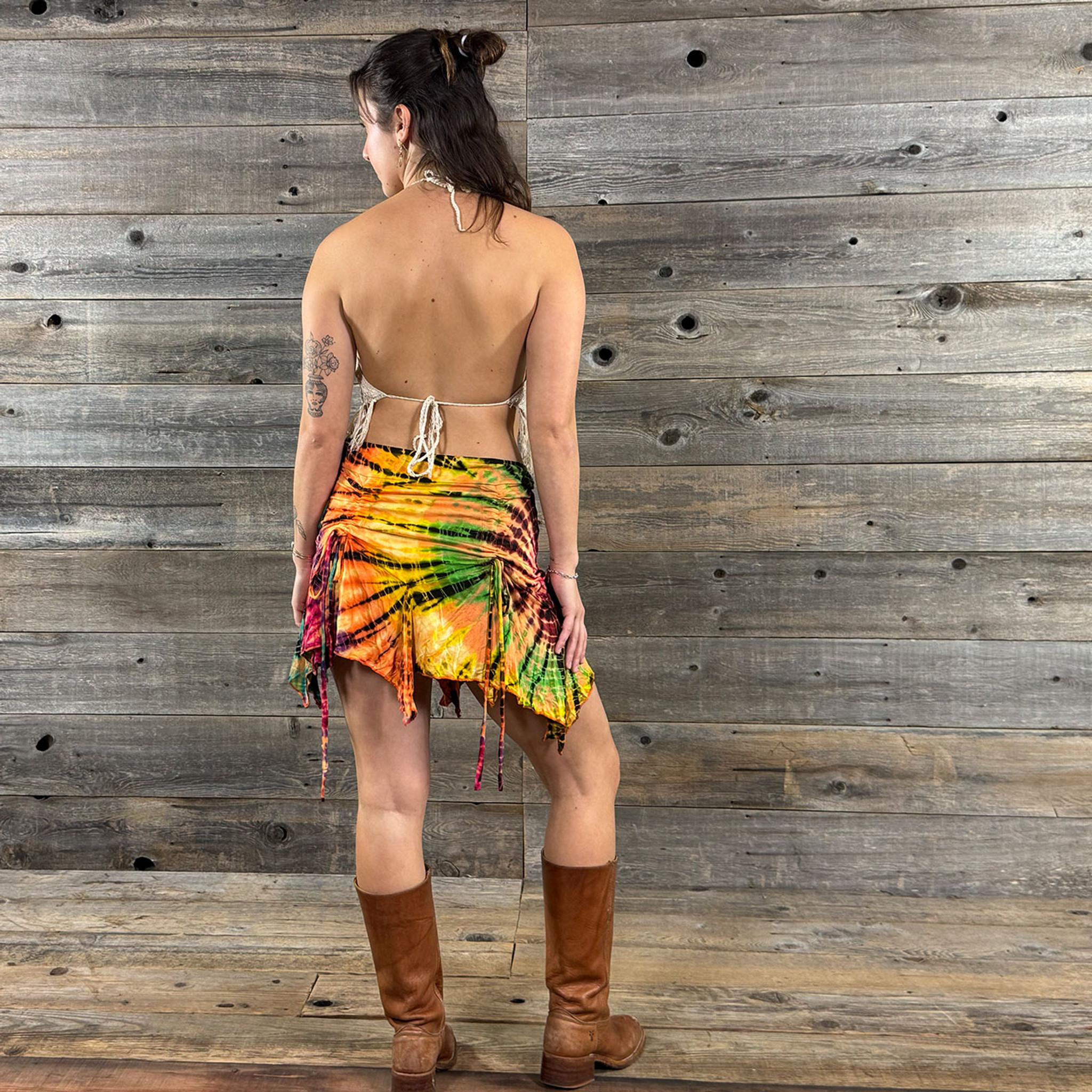 ORANGE SUNSHINE MINI SKIRT Rayon Spandex  Tie Dye Fairy Cut Cinch Mini Skirt
