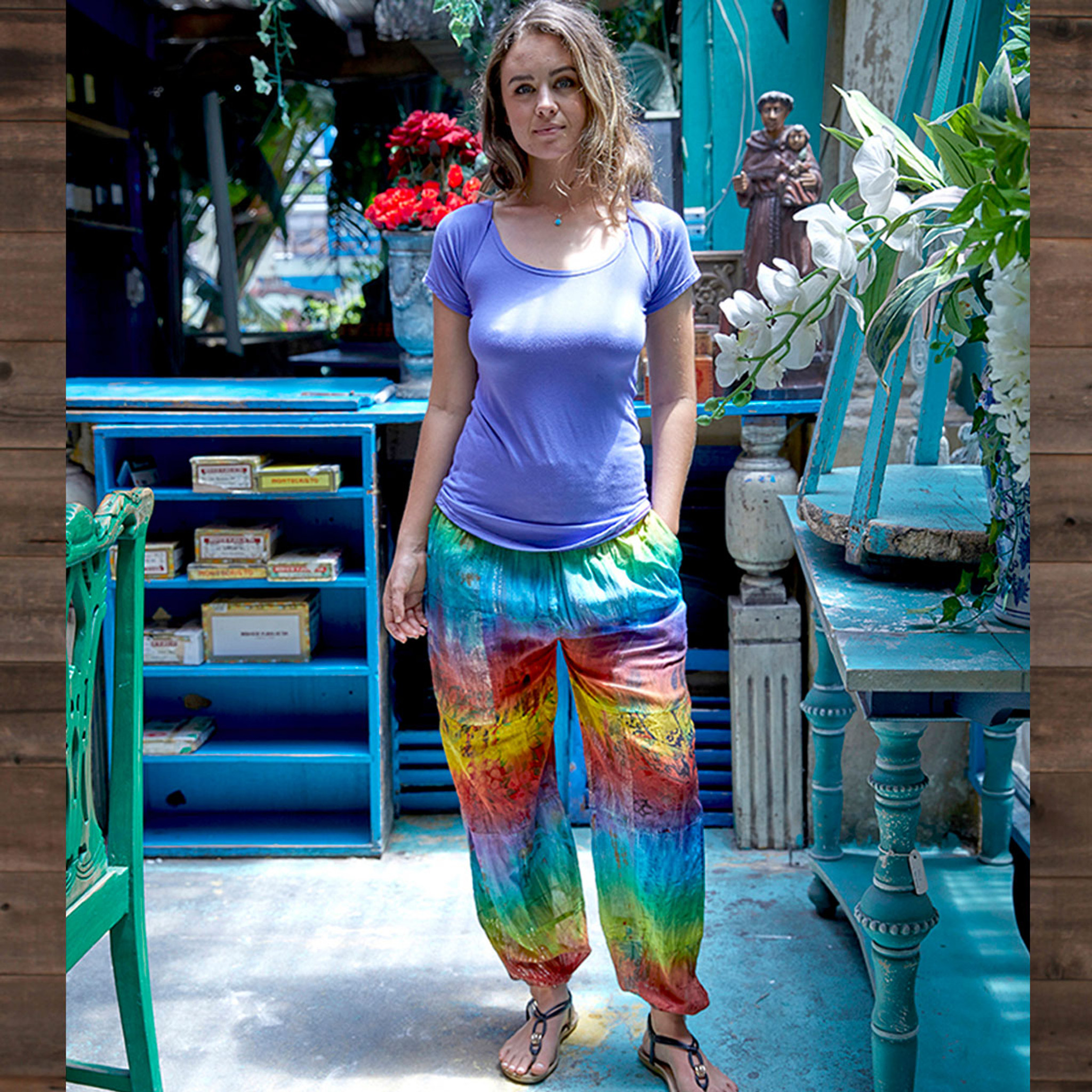 RAINBOW HAREM PANTS Cotton Rainbow Tie Dye Hippie Harem Pants w/ Pockets & Elastic Waist