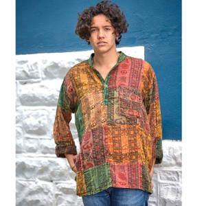 LOGAN SHIRT Cotton Stonewash Patchwork Prayer Print Men's Kurtha