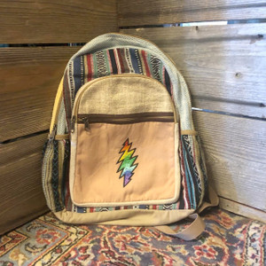 Grateful Dead Hemp Cotton Patchwork Up-Cycled Regular Backpack w/ Rainbow Bolt Embroidery
