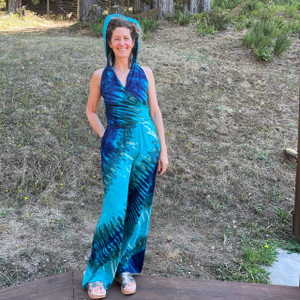 GET UP AND JUMPSUIT Rayon Spandex Tie Dye Open Back Jumpsuit w/ Hood & Inside Pockets