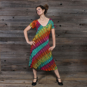 IN THE BRIGHT LIGHT SHORT DRESS Rayon Spandex Short Sleeve Short Dress Green Rainbow Tie Dye