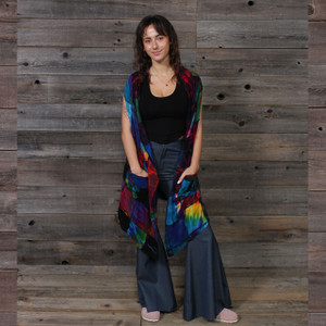 WILD RAINBOW VEST Spandex Rayon Mudmee Tie Dye Pachwork Angle Cut Reversible Vest w/ Outside Pockets