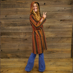 GOIN' DOWN THE LINE JACKET Striped Heavy Cotton Hooded Long Jacket w/ Back Grateful Dead Streal Your Face Applique'