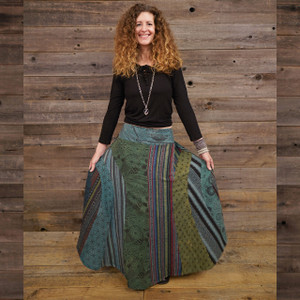EASY RIDER SKIRT Heavy Cotton Gherri + Print Patchwork  Long Panel Skirt w/ Back Elastic