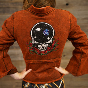 SHINNING STAR JACKET Stonewash Sweatshirt Fleece 1 Button Bell Sleeve Short Jacket w/ Grateful Dead Steal Your Face Space w/ Roses Embroidery