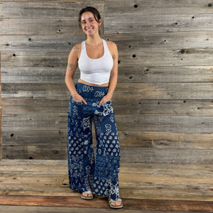 INDIGO GARDEN PANTS -Cotton Indigo Dye Print Patchwork Wide Leg Pants w/ Back Elastic & Pockets