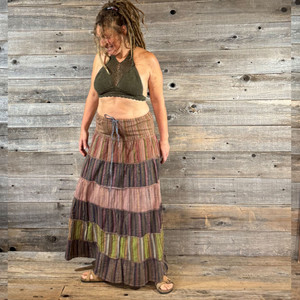 EVERMORE MAXI SKIRT Cotton Striped Paneled Elastic Waist Drawstring Maxi Skirt