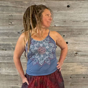 STAR DUST TOP Cotton Lycra Spagh Strap Top w/ Half Mandala Print At Top & Embroidery Robin Blue