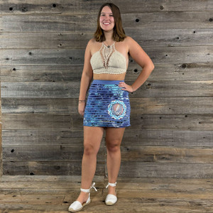 LOOSE LUCY SKIRT Grateful Dead Cotton Lycra Razor Cut Tie Dye w/ Embroidered Stael You Face Mandala Mini Skirt w/ Pocket