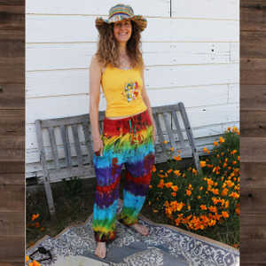 RAINBOW HAREM PANTS Cotton Rainbow Tie Dye Hippie Harem Pants w/ Pockets & Elastic Waist