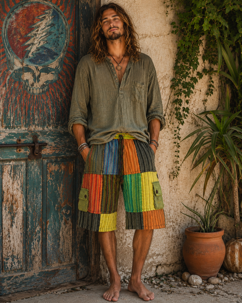 NOAH SHORTS Men's Cotton Stonewash Patchwork Cargo Shorts