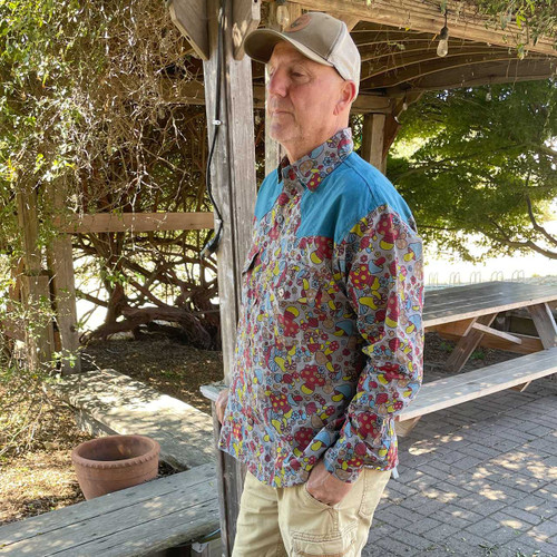 Cotton SILLY SIMON THE FUN GUY SHIRT Men's Retro Mushroom Print Long Sleeve Button Up Shirt