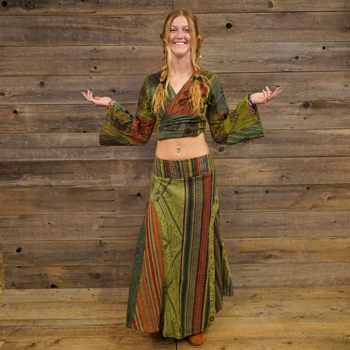 EASY RIDER SKIRT Heavy Cotton Gherri + Print Patchwork Long Panel Skirt w/ Back Elastic