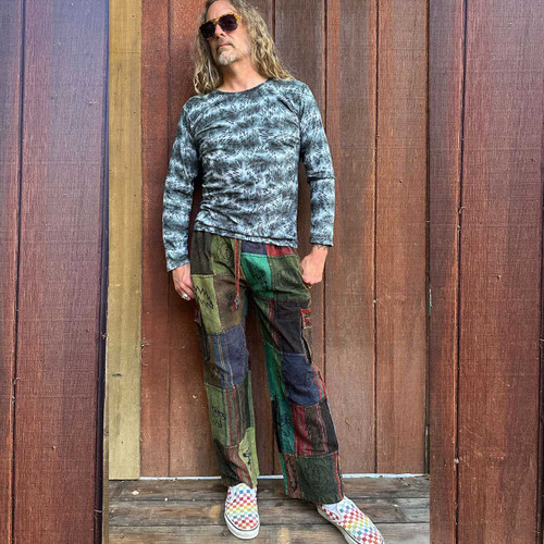 CATFISH JOHN PANTS Cotton Patchwork Drawstring & Elastic Waist Pants w/ Grateful Dead Assorted Block Prints