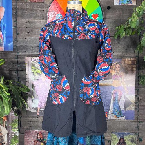 MUST HAVE BEEN THE ROSES JACKET Cotton Stonewash Fleece Lined Long Jacket Solid & Multi Grateful Dead Steal Your Face & Roses Print