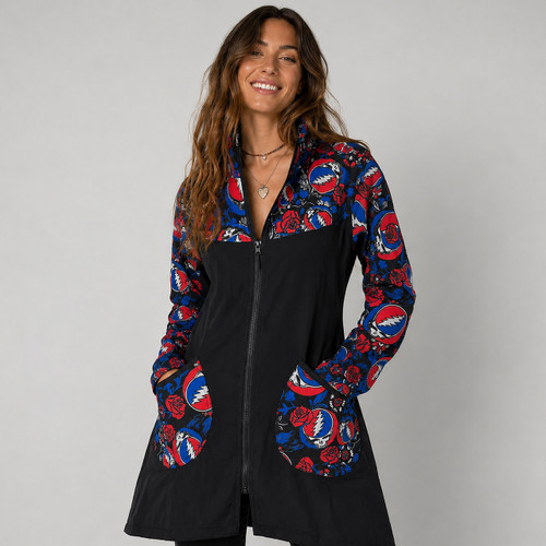 MUST HAVE BEEN THE ROSES JACKET Cotton Stonewash Fleece Lined Long Jacket Solid & Multi Grateful Dead Steal Your Face & Roses Print