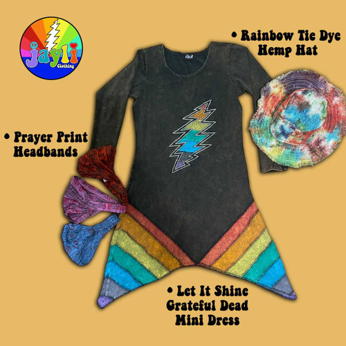 LET IT SHINE MINI DRESS Cotton Stonewash Razor Cut Long Sleeve Angle Cut Mini Dress w/ Grateful Dead Rainbow Bolt Cut Out