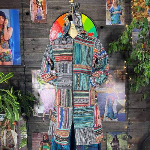 ASTRAL LOTUS JACKET Cotton Stonewash Patchwork Long Jacket w/ Fleece Lining w/ Mandala Embroidery