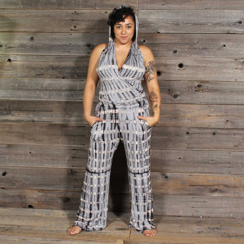 GET UP AND JUMPSUIT Rayon Spandex Tie Dye Open Back Jumpsuit w/ Hood & Inside Pockets Reflections