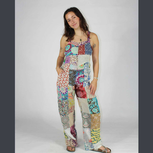 BEACH BUM BLISS OVERALLS Cotton Patchwork Tie Dye Long Overalls w/ Back Bobbing