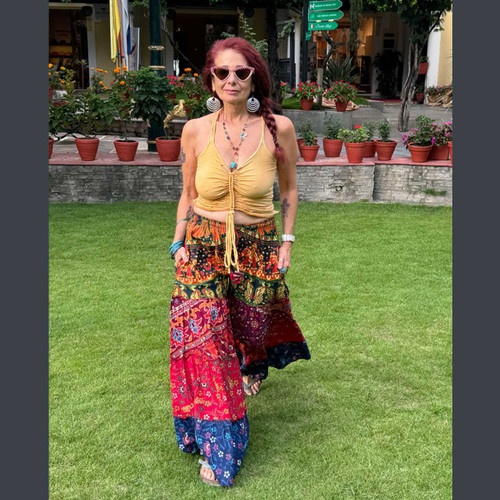 CARAVAN DREAMS PANTS Cotton Indian Print Patchwork Layered Wide Leg Pants w/ Elastic Waist, Drawstring & Pockets