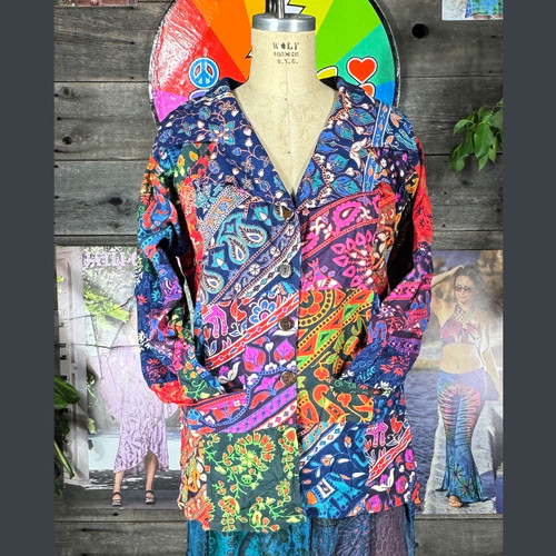 CARAVAN DREAMS JACKET Cotton Indian Print Patchwork Oversized Jacket Button Up w/ Pockets