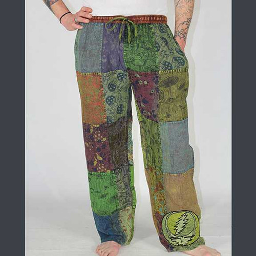 SHAKEDOWN SHROOM PANTS Cotton Patchwork Grateful Dead Appliqué', Print & Mushroom Print Mens Pants w/Elastic Waist, Drawstring & Pockets