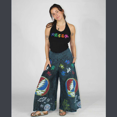 710 ASHBURY PANTS Cotton Stonewash w/ Grateful Dead Steal Your Face & Bear Print Wide Leg Pants w/ Back Elastic & Pockets